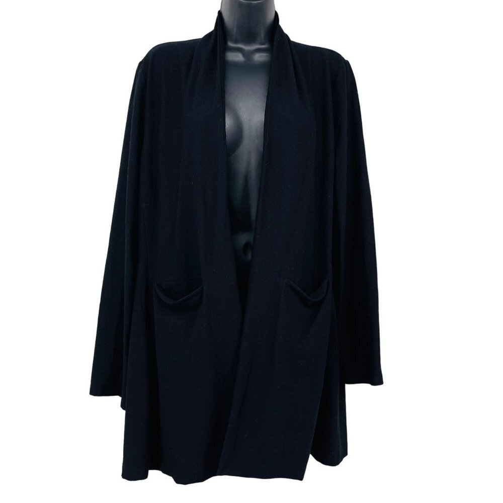Eileen Fisher Women's Black Open Front Cardigan‎ Sweater Size L Pockets Stretch